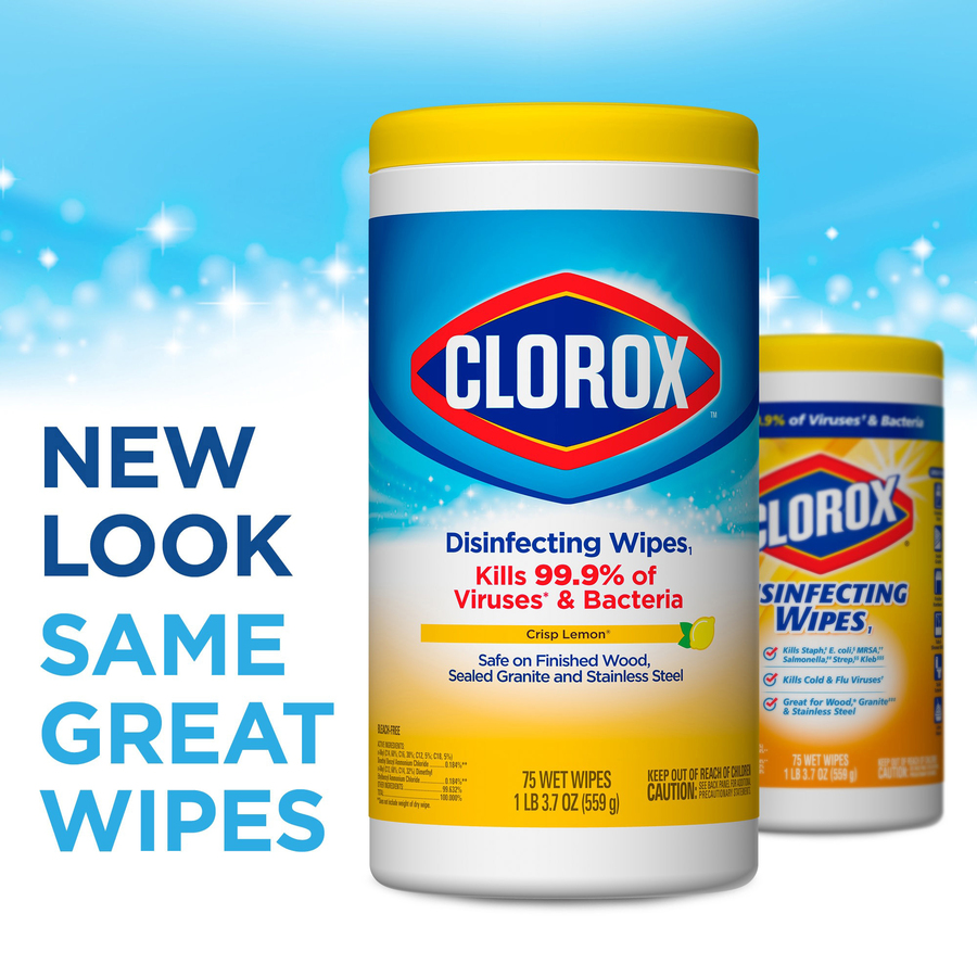 Clorox Disinfecting Wipes - Wipe - Lemon Scent - 7" (177.80 mm) Width x 7.50" (190.50 mm) Length - 75 / Tub - 1 Each - Cleaning Wipes - CLO01608