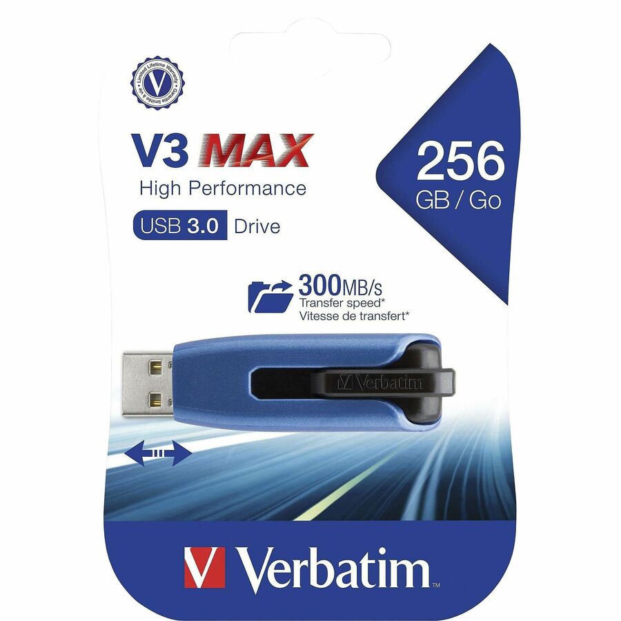 Verbatim Store 'n' Go V3 MAX USB 3.0 Drive - 256 GB - USB 3.0 - Blue, Black - Lifetime Warranty - 1 Each - TAA Compliant - USB Drives - VER49809