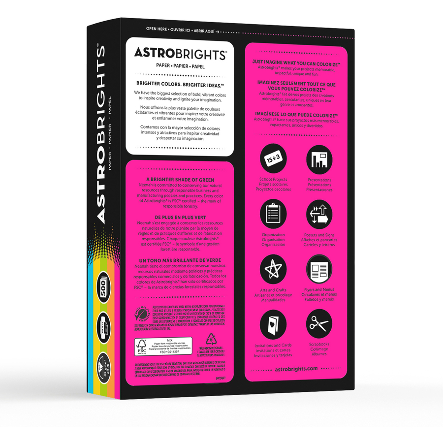Astrobrights Inkjet, Laser Colored Paper - Lunar Blue, Terra Green, Cosmic Orange, Solar Yellow, Fireball Fuschia - Recycled - Letter - 8 1/2" x 11" - 24 lb Basis Weight - Smooth - 500 / Ream - Copy & Multi-Use Coloured Paper - NEE99608