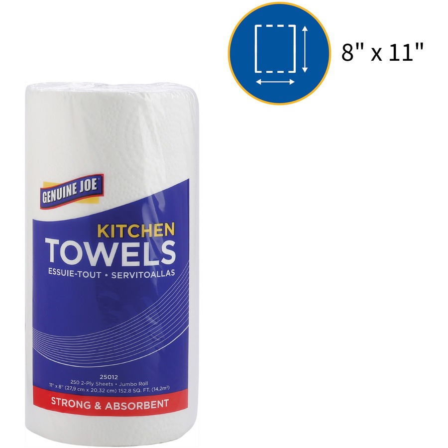 Genuine Joe Paper Towels - 2 Ply - 8" x 11" - 250 Sheets/Roll - White - Paper - Perforated, Absorbent, Soft, Chlorine-free - For Kitchen, Multipurpose, Hand, Breakroom - 12 / Carton = GJO25012