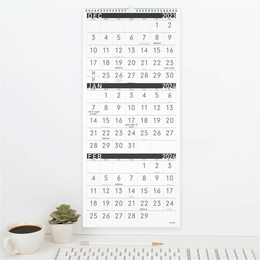 At-A-Glance Contemporary 3-Month Reference Wall Calendar - Large Size - Monthly - 15 Month - December 2023 - February 2025 - 3 Month Single Page Layout - 12" x 27" White Sheet - Wire Bound - Chipboard, Paper - Black CoverReference Calendar, Durable, Hangi