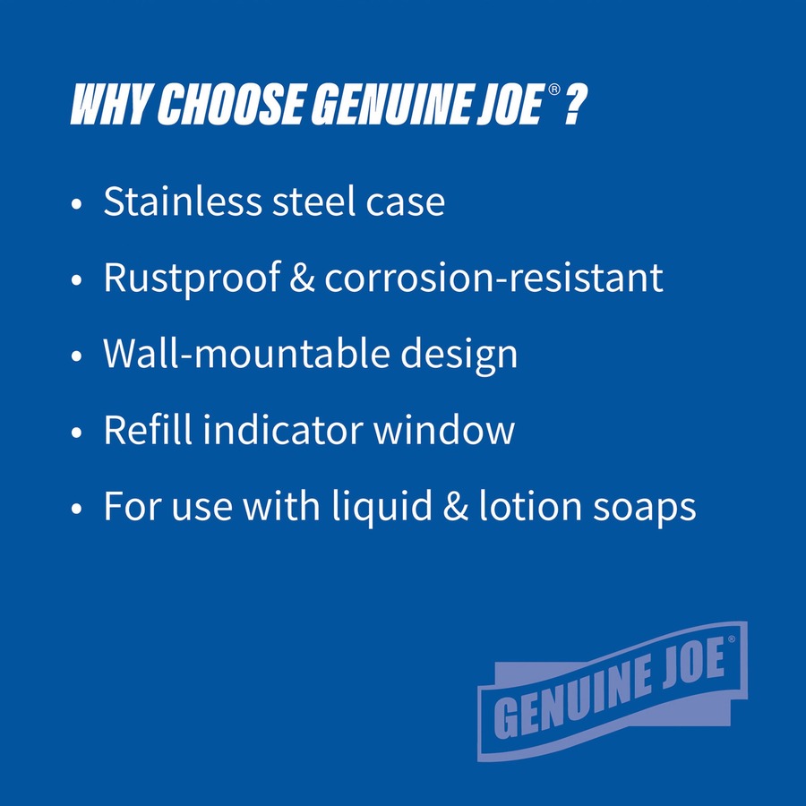 Genuine Joe Liquid/Lotion Soap Dispenser - Manual - 31.50 fl oz Capacity - Corrosion Resistant, Wall Mountable, Rust Proof - Stainless Steel - 24 / Carton