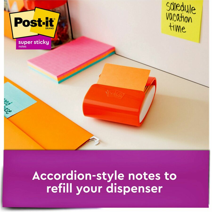 Post-it® Super Sticky Dispenser Notes - Energy Boost Color Collection - 3" x 3" - Rectangle - Vital Orange, Tropical Pink, Sunnyside - Paper - Self-adhesive, Removable, Recyclable - 18 / Pack