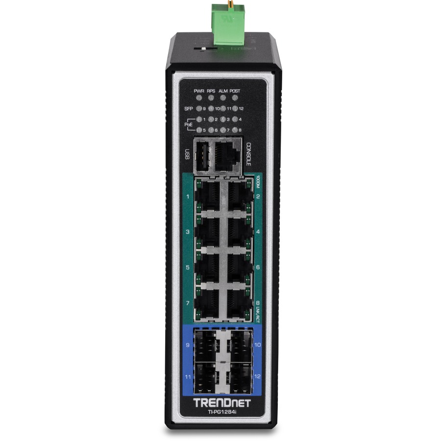 TRENDnet 12-Port Hardened Industrial Gigabit PoE+ Layer 2+ Managed DIN-Rail Switch, 240W Power Budget, Hardened IP30 Network Ethernet Gigabit PoE+ Switch, Lifetime Protection, Black, TI-PG1284i