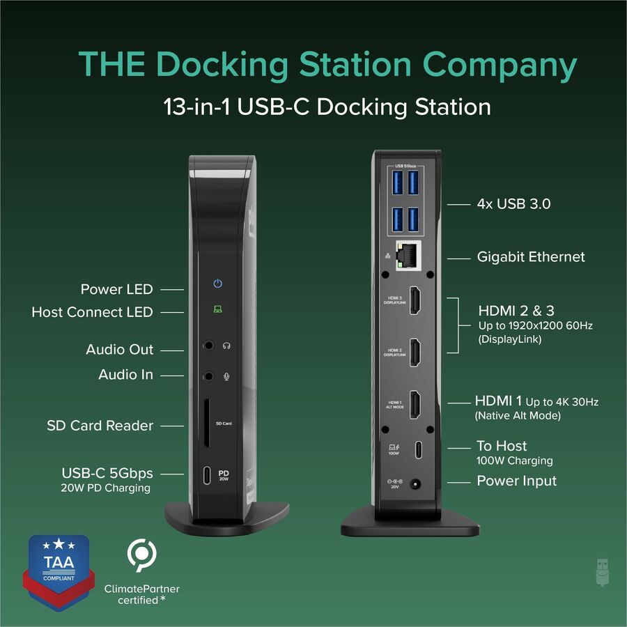 Plugable 13-in-1 USB-C Triple Monitor Docking Station with 100W Charging, Compatible with Windows, Mac, and Chrome with Thunderbolt 3 / 4 or USB-C