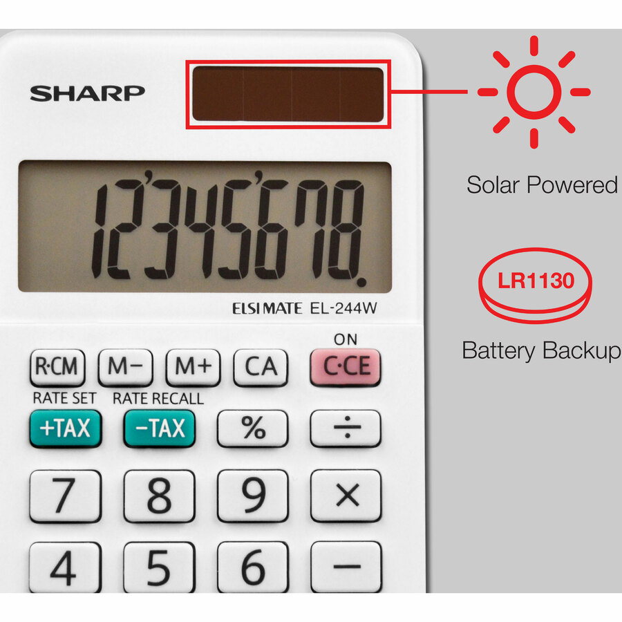 Sharp EL-244WB 8 Digit Professional Pocket Calculator - Extra Large Display, Durable, Plastic Key, Dual Power, 3-Key Memory, Automatic Power Down - 8 Digits - LCD - White - 1 Each