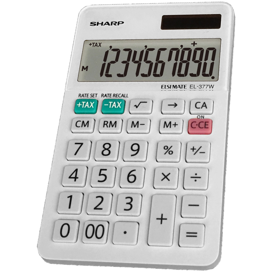 Sharp EL-377WB 10 Digit Professional Handheld Calculator - Extra Large Display, Durable, Plastic Key, Dual Power, 4-Key Memory, Angled Display, Sign Change, Independent Memory - 10 Digits - LCD - White - Desktop - 1 Each