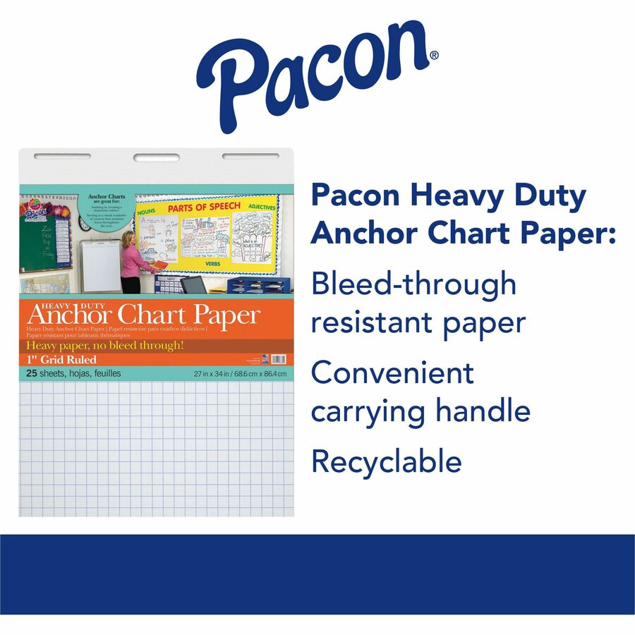 Pacon Heavy Duty Anchor Chart Paper - 25 Sheets - Grid Ruled - 1" Ruled - 1 Horizontal Squares - 1 Vertical Squares - 27" x 34" - White Paper - 4 / Carton