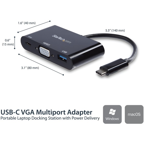 StarTech USB-C to VGA Multifunction Adapter with Power Delivery and USB-A Port - USB Type-C to VGA - USB C Laptop Travel Adapter