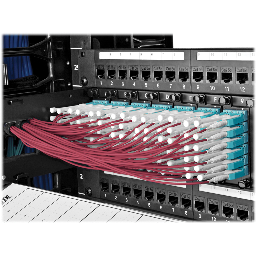 Eaton Tripp Lite Series 40G MTP/MPO to 4xLC Fan-Out OM4 Plenum-Rated Fiber Optic Cable, 40GBASE-SR4, Push/Pull Tabs, Magenta, 5 m