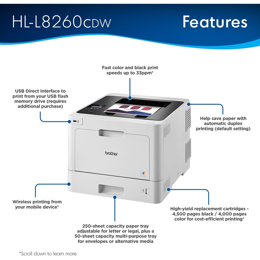 Brother HL HL-L8260CDW Desktop Laser Printer - Color - 33 ppm Mono / 33 ppm Color - 2400 x 600 dpi class - Automatic Duplex Print - 300 Sheets Input - Ethernet - Wireless LAN - 40000 Pages Duty Cycle - Plain Paper Print - USB