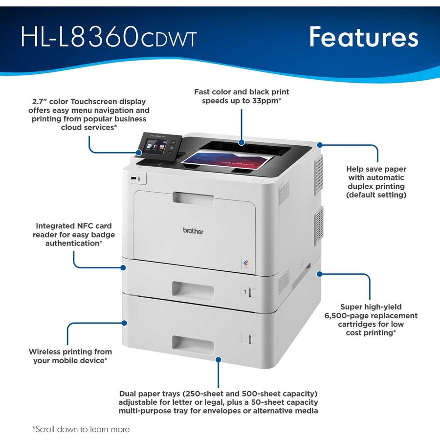 Brother Business Color Laser Printer HL-L8360CDWT - Wireless Networking - Dual Trays - Color Laser Printer - 33 ppm Mono / 33 ppm Color - Automatic Duplex Print - Ethernet - Wireless LAN - USB