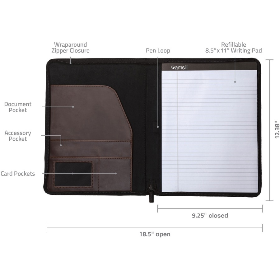 Samsill Letter Pad Folio - 8 1/2" x 11" - Faux Leather, Vinyl - Dark Brown - Zipper Closure, Notepad - 0% Recycled - 1 Each
