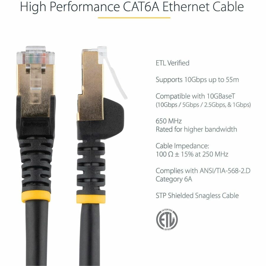 StarTech 6ft CAT6a Ethernet Cable - 10 Gigabit Category 6a Shielded Snagless 100W PoE Patch Cord - 10GbE Black UL Certified Wiring/TIA