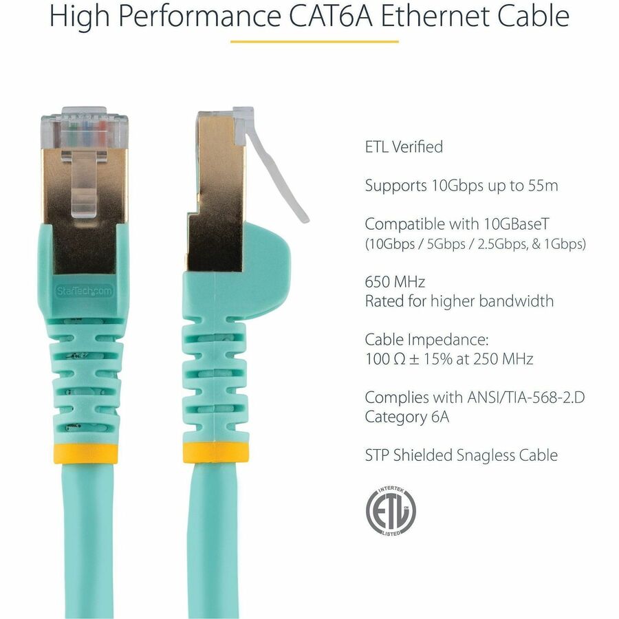 StarTech 6ft CAT6a Ethernet Cable - 10 Gigabit Category 6a Shielded Snagless 100W PoE Patch Cord - 10GbE Aqua UL Certified Wiring/TIA