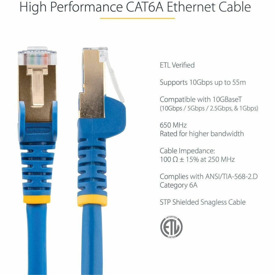 StarTech 6ft CAT6a Ethernet Cable - 10 Gigabit Category 6a Shielded Snagless 100W PoE Patch Cord - 10GbE Blue UL Certified Wiring/TIA