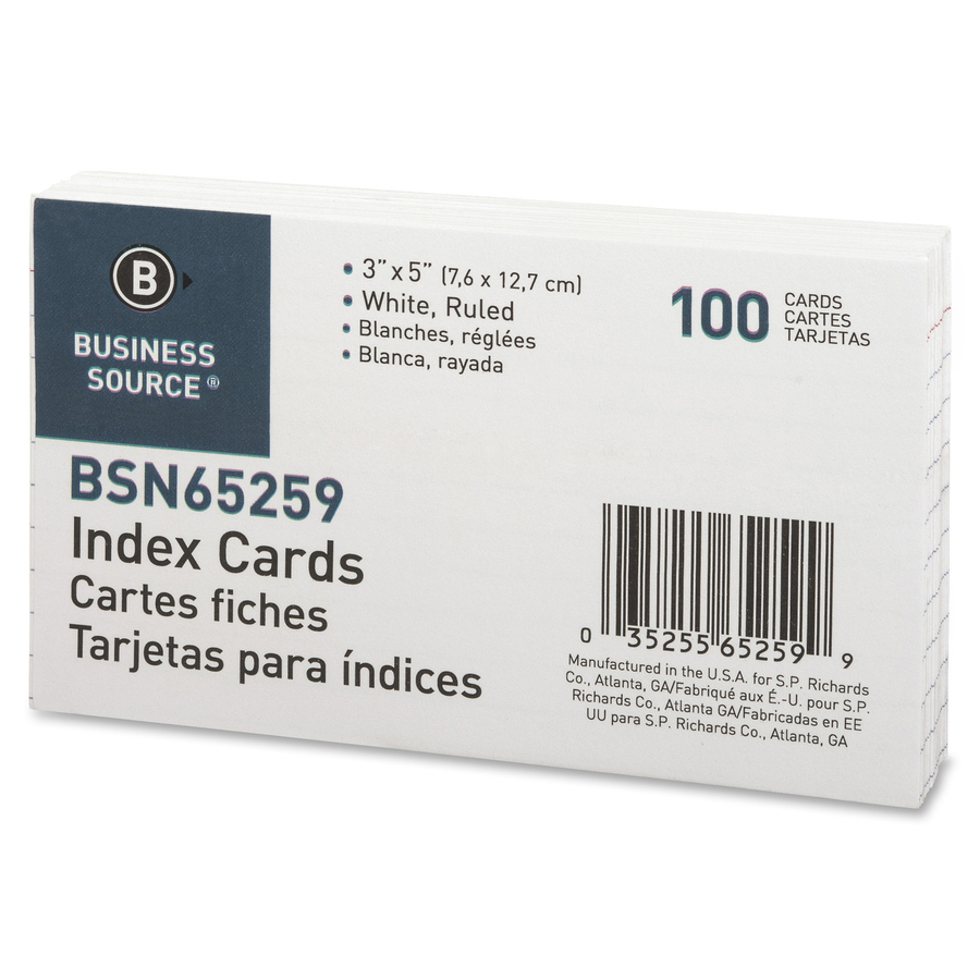 Business Source Ruled Index Cards - Front Ruling Surface - Ruled - 72 lb Basis Weight - 5" x 3" - White Paper - 1000 / Box