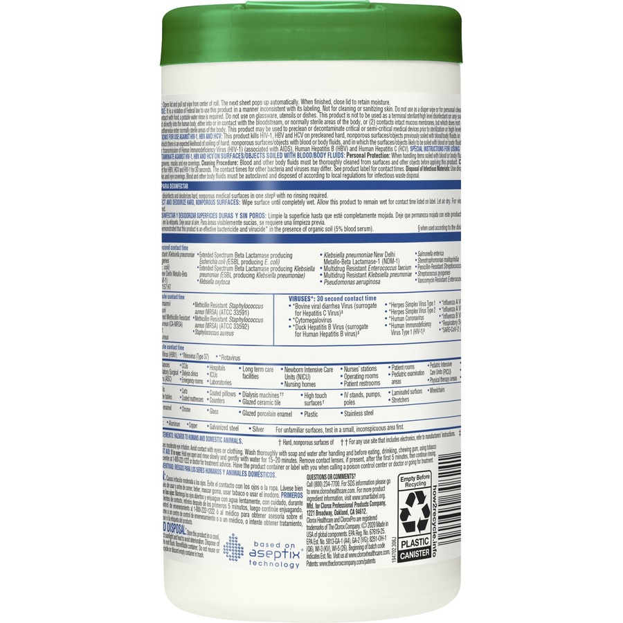 Clorox Healthcare Hydrogen Peroxide Cleaner Disinfectant Wipes - Pre-moistened, Disinfectant, Deodorize, Anti-bacterial - White - 95 Tub - 1 Each