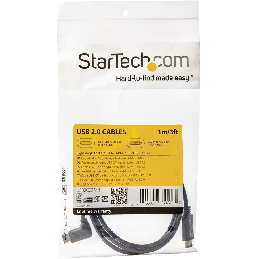 StarTech.com 6ft (2m) USB C Charging Cable Right Angle - 60W PD 3A