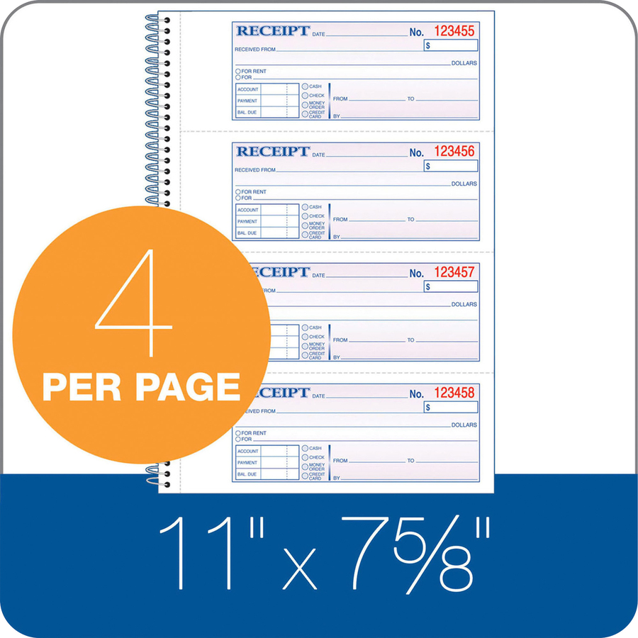 Adams Spiral 2-part Money/Rent Receipt Book - 200 Sheet(s) - Spiral Bound - 2 Part - 2.75" x 7.62" Form Size - White, Canary - Assorted Sheet(s) - 5 / Pack