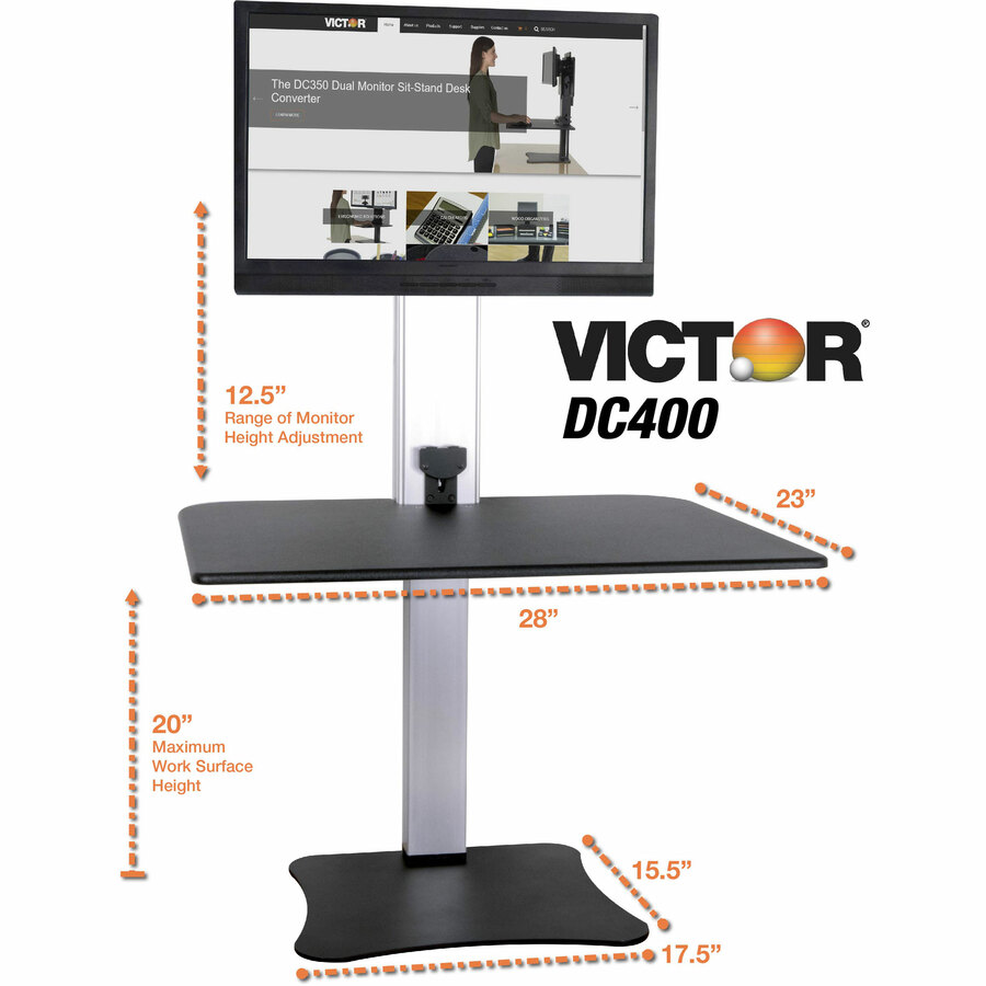 Victor High Rise Electric Height Adjustable Standing Desk Workstation - 11.34 kg Load Capacity - 20" (508 mm) Height x 28" (711.20 mm) Width x 23" (584.20 mm) Depth - Wood, Steel, Aluminum - Black, Aluminum - Workstations/Computer Desks - VCTDC400