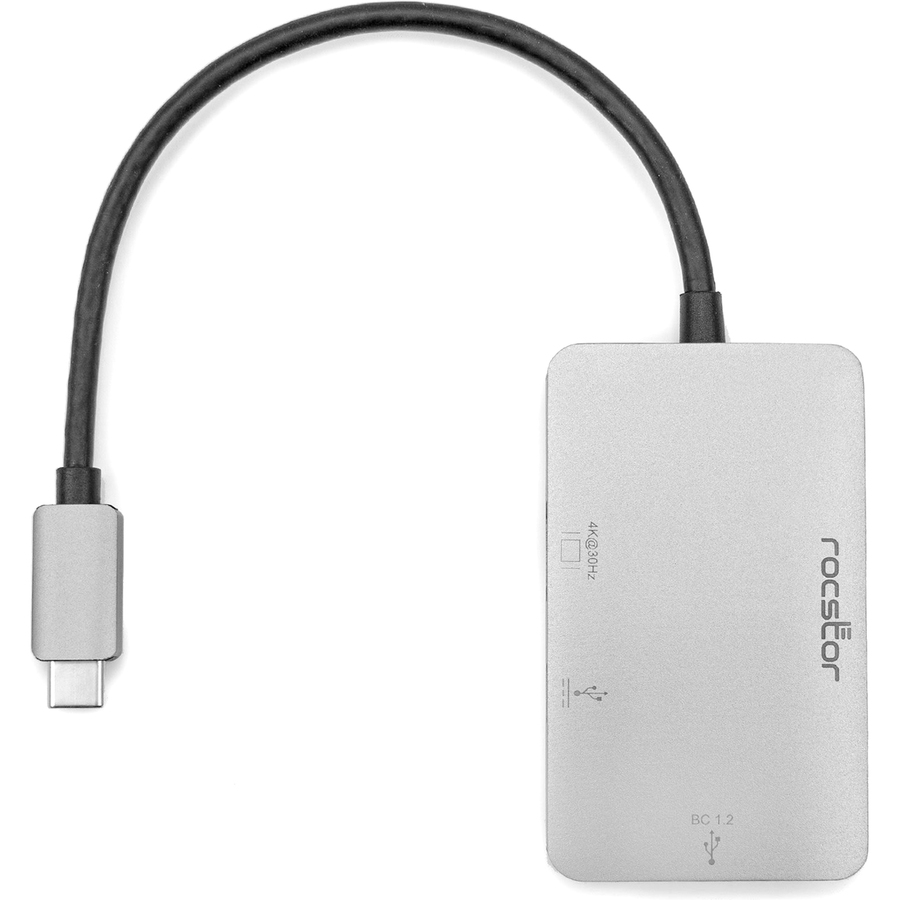 Rocstor Premium USB-C to HDMI Multiport Adapter - USB-C to HDMI/USB-C (3.1)/USB 3.0 for Audio/Video Device, Notebook, TV, Monitor, Projector, MacBook, MacBook Pro, Chromebook, iMac, Mac mini - 8" - 1 x USB-C Male to 1 x HDMI Female Digital Audio/Video - 1 x USB-C (3.1 Gen1 5Gbps), Female, 1 x USB 3.0 Type-A Female - Metal Silver - Mac & PC Compatible - USB-C TO HDMI/USB 3.0/USB-C 3IN1 ADAPTER