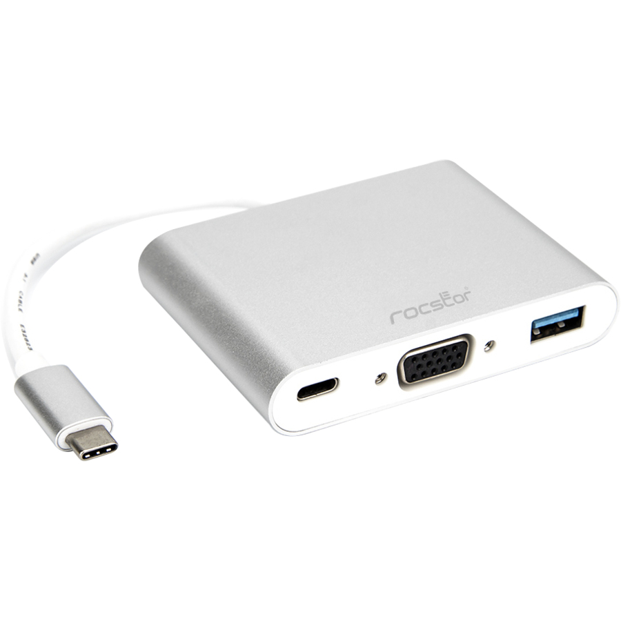Rocstor Premium USB-C to VGA Multiport Adapter - USB-C to VGA/USB-C (3.1)/USB 3.0 for Audio/Video Device, Notebook, Monitor, Projector, MacBook, MacBook Pro, Chromebook, iMac, Mac mini - 8" - 1 x USB-C Male to 1 x VGA Female Digital Audio/Video - 1 x USB-C (3.1 Gen1 5Gbps), Female, 1 x USB 3.0 Type-A Female - Metal Silver - Mac & PC Compatible - USB-C TO VGA/USB 3.0/USB-C 3IN1 ADAPTER