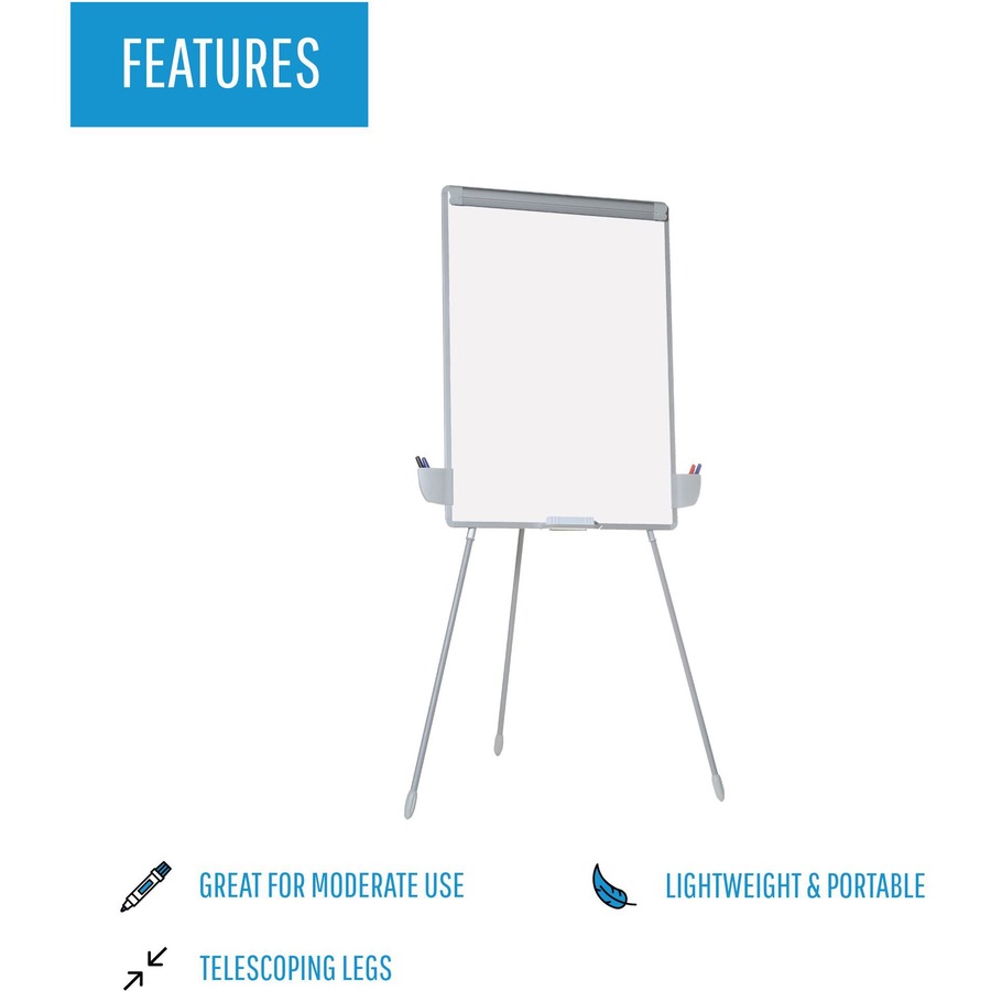 MasterVision Dry-erase Portable Tripod Easel - 29" (2.4 ft) Width x 41" (3.4 ft) Height - White Melamine Surface - Gray Aluminum Frame - Silver Stand - Rectangle - Portable, Desktop, Floor Standing - 1 Each - TAA Compliant