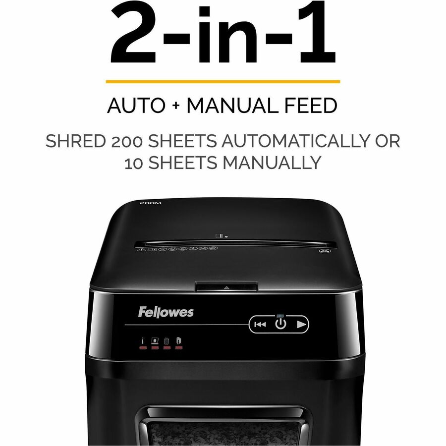 Fellowes AutoMax™ 200M Micro-Cut Auto Feed 2-in-1 Office Paper Shredder with Auto Feed 200-Sheet Capacity - Non-continuous Shredder - Micro Cut - 200 Per Pass - for shredding Staples, Credit Card, Paper - 0.078" x 0.546" Shred Size - P-5 - 11 ft/min