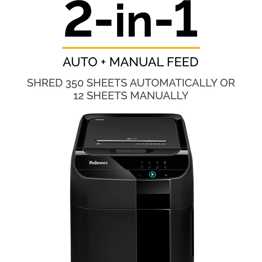 Fellowes AutoMax™ 350C Auto Feed Shredder - Non-continuous Shredder - Cross Cut - 350 Per Pass - for shredding Staples, Paper Clip, Paper, CD, DVD, Credit Card, Junk Mail - 0.2" x 1.5" Shred Size - P-4 - 3.35 m/min - 9" Throat - 45 Minute Run Time - - Cross-Cut/Confetti-Cut Shredders - FEL4964001