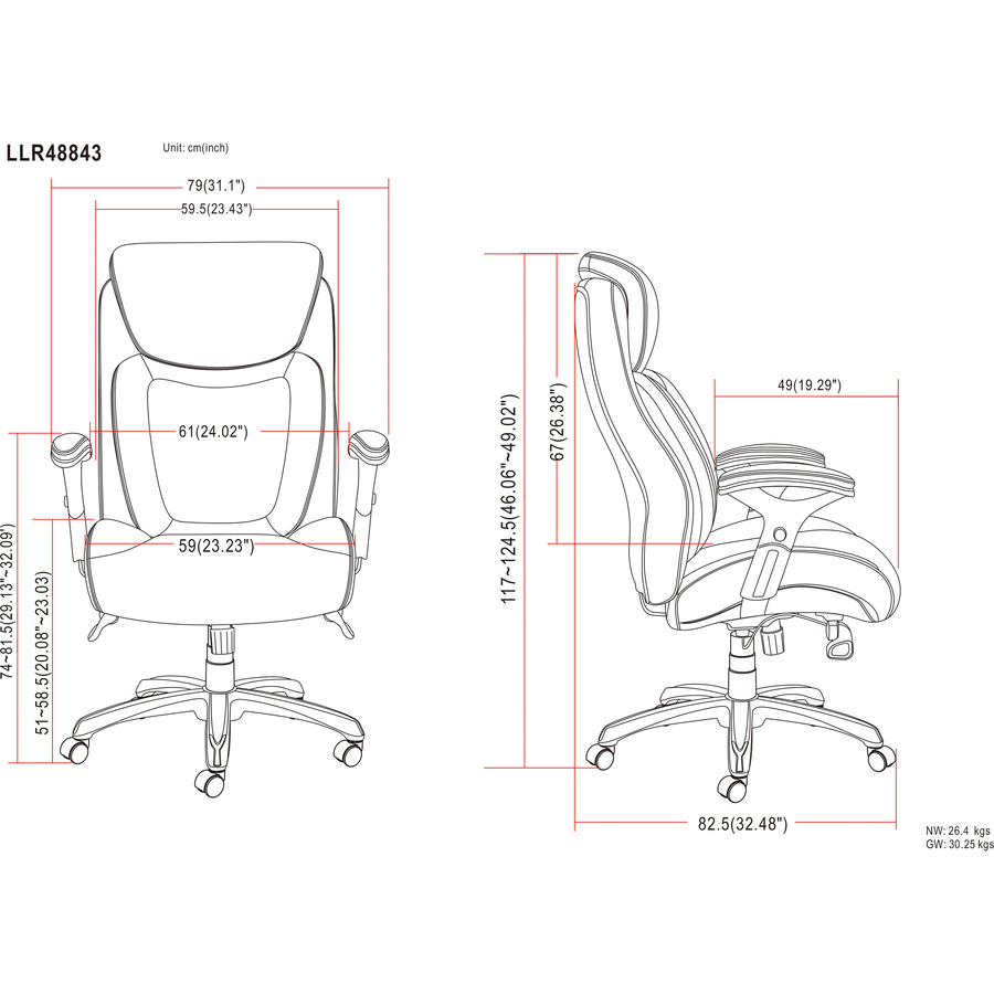 Lorell Wellness by Design Big & Tall Chair with Flexible Air Technology - Black Bonded Leather Seat - Black Bonded Leather Back - 5-star Base - Armrest - 1 Each