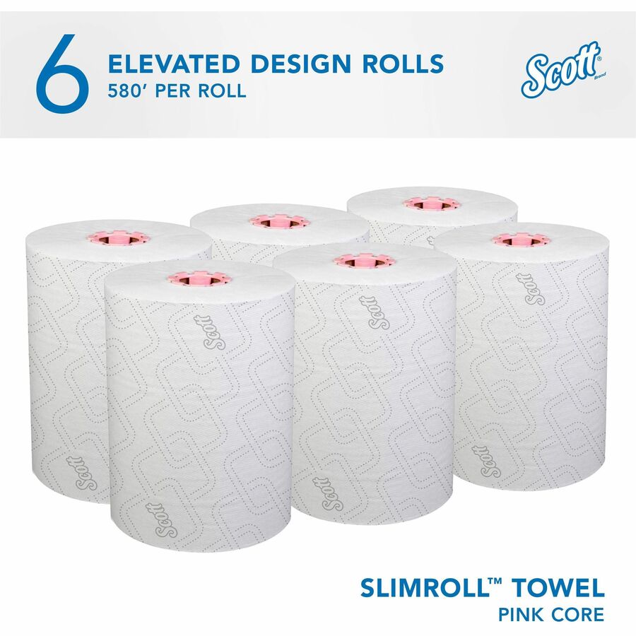 Scott Pro Slimroll Hard Roll Towels - 8" x 580 ft - White, Pink - Paper - 6 / Carton