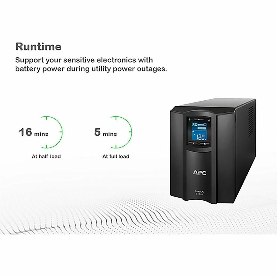 APC Smart-UPS C, Line Interactive, 1000VA, Tower, 120V, 8x NEMA 5-15R outlets, SmartConnect port, USB and Serial communication, AVR, Graphic LCD