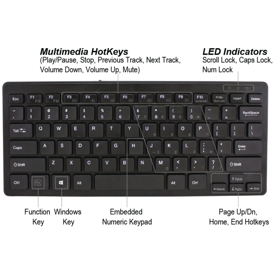 Adesso SlimTouch Mini Keyboard - Cable Connectivity - USB Interface - 78 Key - English (US) - QWERTY Layout - Desktop Computer, Notebook - Windows - Membrane Keyswitch - Black - Keyboards - ADEAKB111UB