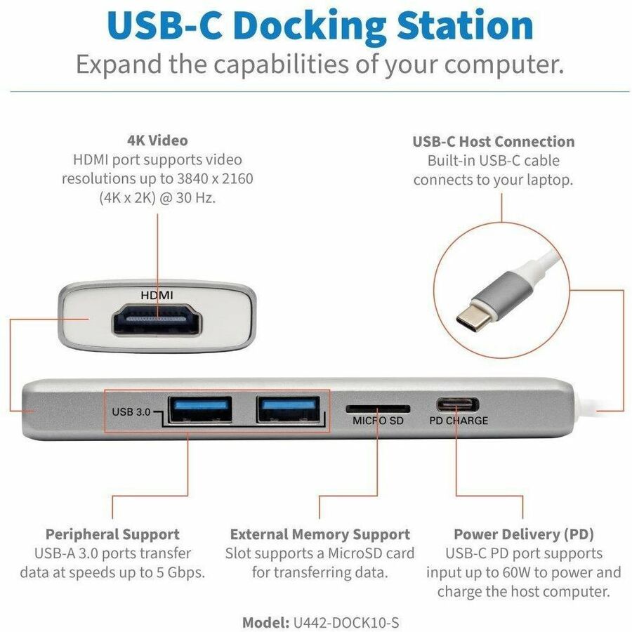 Tripp Lite by Eaton USB C Docking Station 4k @ 30Hz w/USB Hub HDMI Micro SD Charging, USB Type C, USB-C, USB Type-C