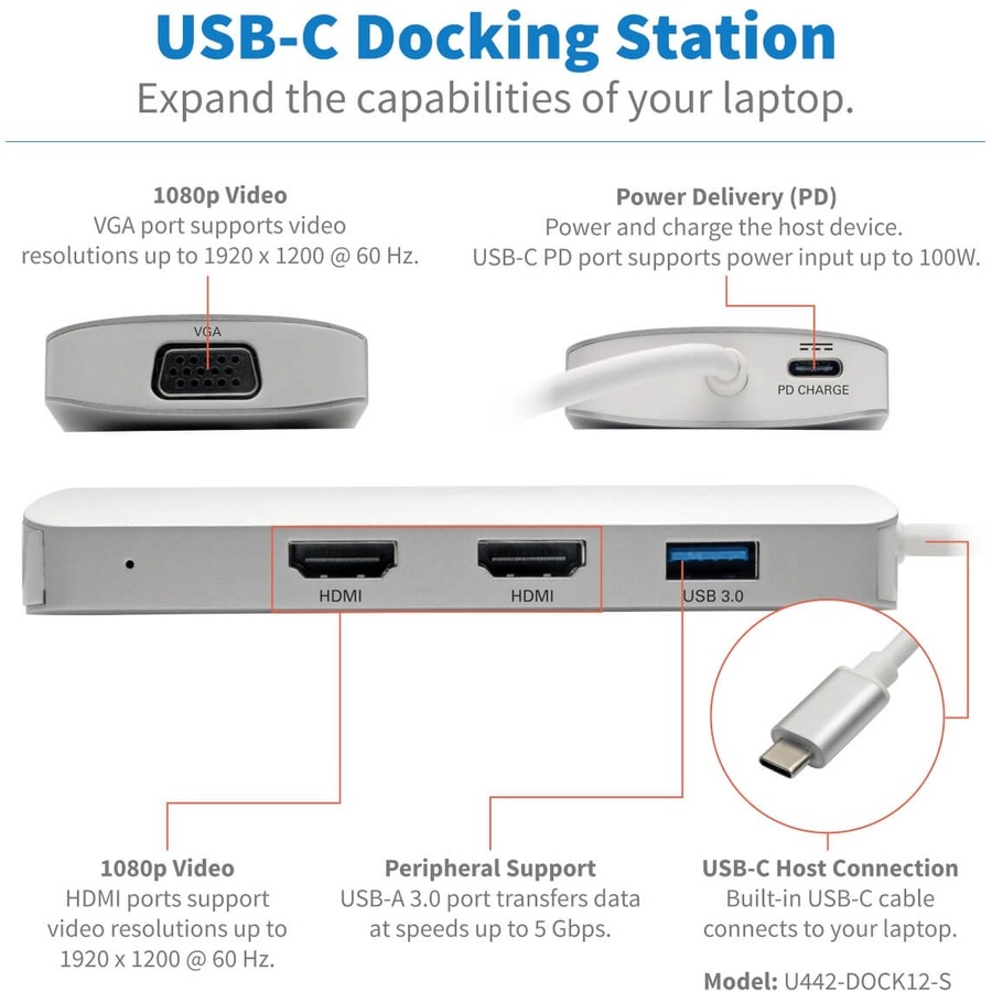 Tripp Lite by Eaton USB C Docking Station w/USB Hub, 2x HDMI, VGA, PD Charging 1080p, USB Type C, USB-C, USB Type-C