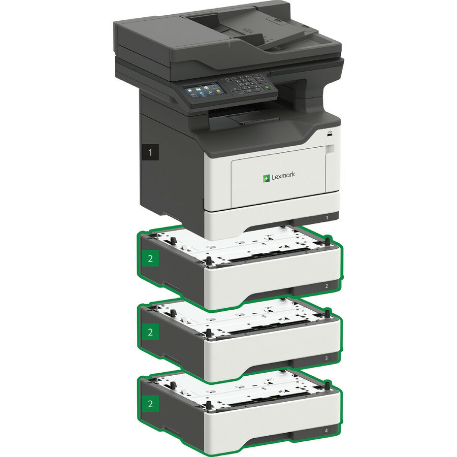 Lexmark MX520 MX522adhe Laser Multifunction Printer-Monochrome-Copier/Fax/Scanner-46 ppm Mono Print-1200x1200 Print-Automatic Duplex Print-120000 Pages Monthly-350 sheets Input-Color Scanner-1200 Optical Scan-Monochrome Fax-Gigabit Ethernet
