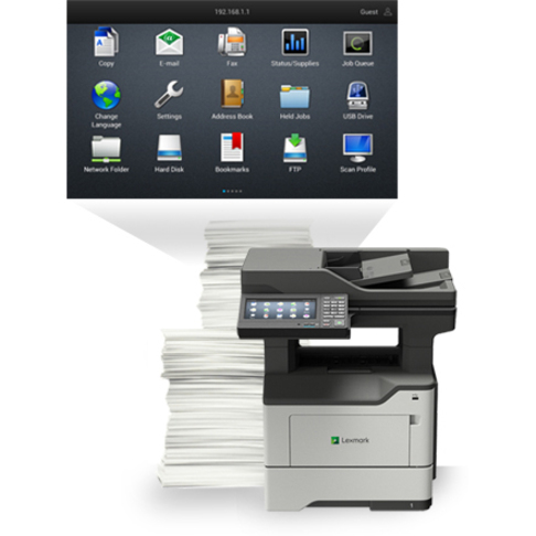 Lexmark MX620 MX622adhe Laser Multifunction Printer-Monochrome-Copier/Fax/Scanner-50 ppm Mono Print-1200x1200 Print-Automatic Duplex Print-175000 Pages Monthly-650 sheets Input-Color Scanner-1200 Optical Scan-Monochrome Fax-Gigabit Ethernet
