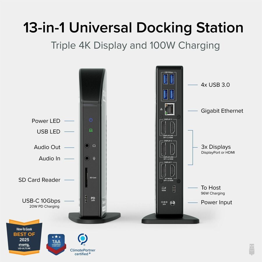Plugable 4K USB C Docking Station Triple Monitor with 100W Power Delivery, USB C Dock for Thunderbolt 3/4, and USB-C Windows and Mac