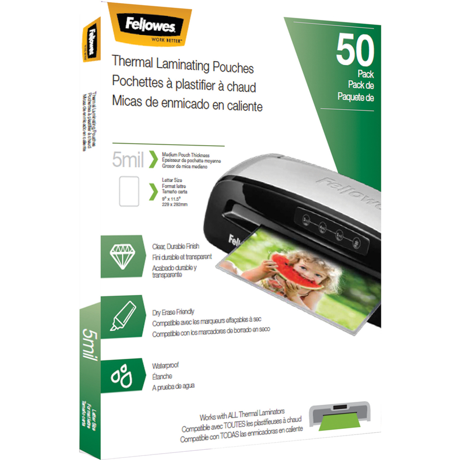 Fellowes Letter-Size Thermal Laminating Pouches - Sheet Size Supported: Letter 8.50" Width x 11" Length - Laminating Pouch/Sheet Size: 9" Width5 mil Thickness - Glossy - for Document - Photo-safe, Durable - Clear - 50 / Pack