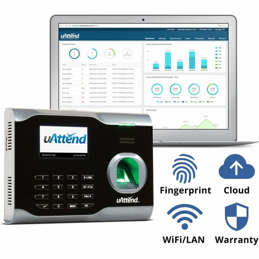 uAttend BN6500 Time Clock - Biometric - 2000 Employees - WiFi - Bi-weekly, Week, Semi-monthly, Month Record Time