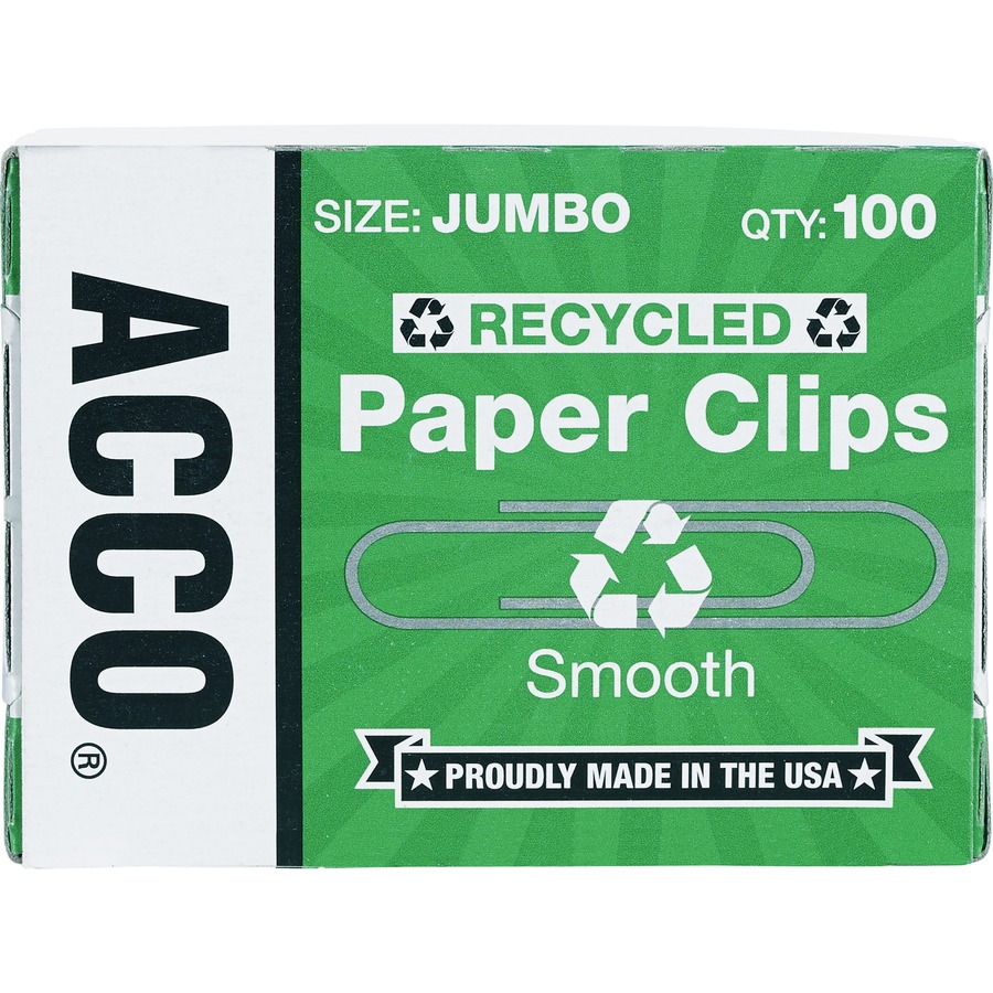 ACCO Recycled Paper Clips - Jumbo - 1.6" Length - 20 Sheet Capacity - for Paper - Reusable, Durable - 1000 / Pack - Silver