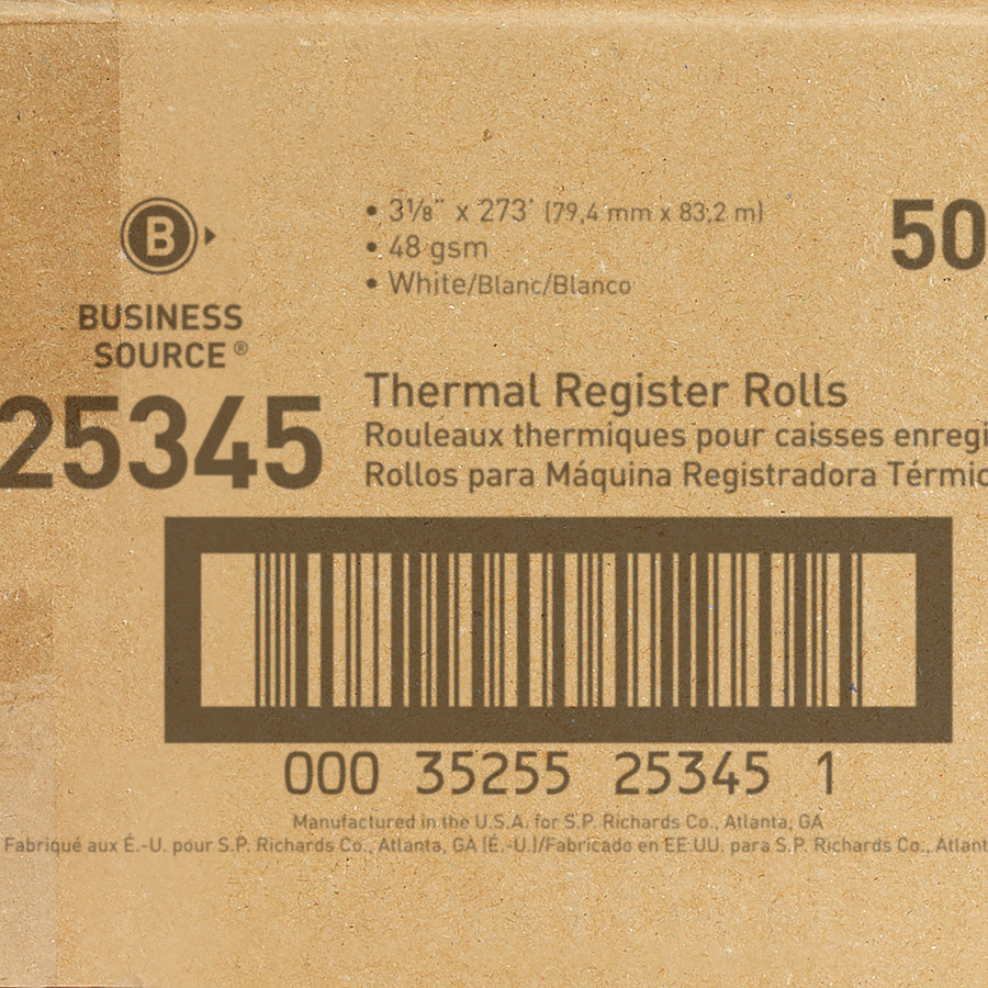 Business Source Thermal Paper - 3 1/8" x 273 ft - 48 g/m² Grammage - Smooth - 50 / Carton - White