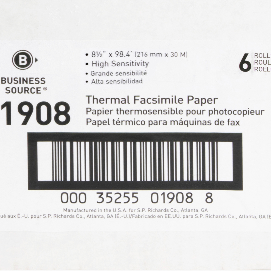 Business Source Thermal Paper - White - 8 1/2" x 98 ft - 6 / Carton - Thermal Fax Paper - BSN01908