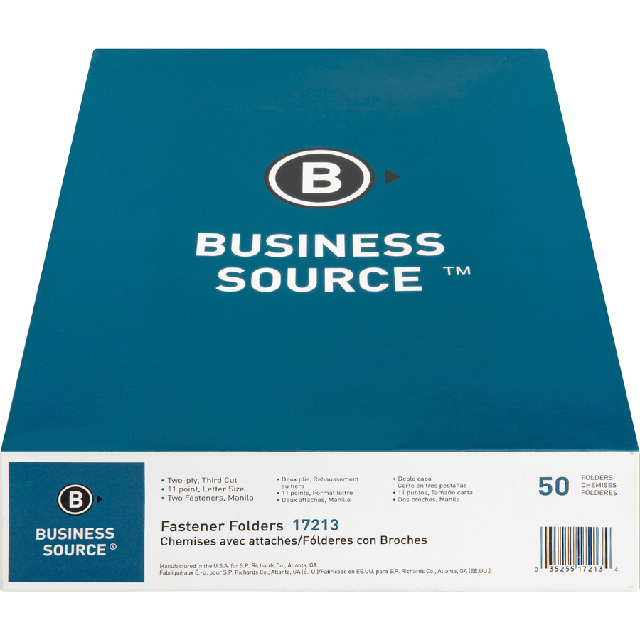 Business Source 1/3 Tab Cut Letter Recycled Fastener Folder - 8 1/2" x 11" - 2 Fastener(s) - Manila - 10% Recycled - 50 / Box - Top Tab Fastener Folders - BSN17213