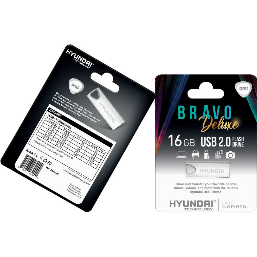 Hyundai 16GB Bravo Deluxe USB 2.0 Flash Drive - 16 GB - USB 2.0 - Silver - 10 Pack