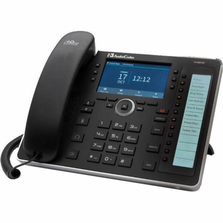 AudioCodes UC445HDEG 445HD black IP desk phone with PoE and dual Ethernet ports — alternate view 1