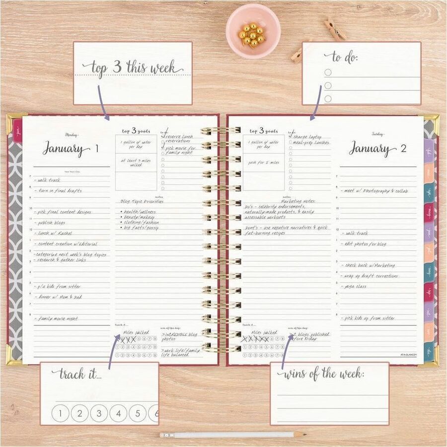At-A-Glance Harmony 2024 Hardcover Daily Monthly Planner, Berry, Medium, 7" x 8 3/4" - Medium Size - Daily, Monthly - 12 Month - January 2024 - December 2024 - 7:00 AM to 8:00 PM - Hourly - 1 Month, 1 Day Double Page Layout - 7" x 8 3/4" White Sheet - Wir