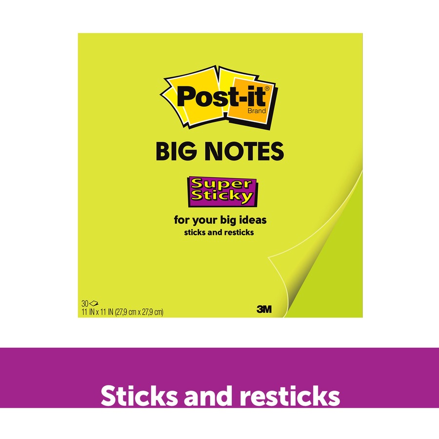 Post-it® Super Sticky Big Notes - 30 x Green - 11" x 11" - Square - 30 Sheets per Pad - Green - Sticky, Removable - 1 Each = MMMBN11G