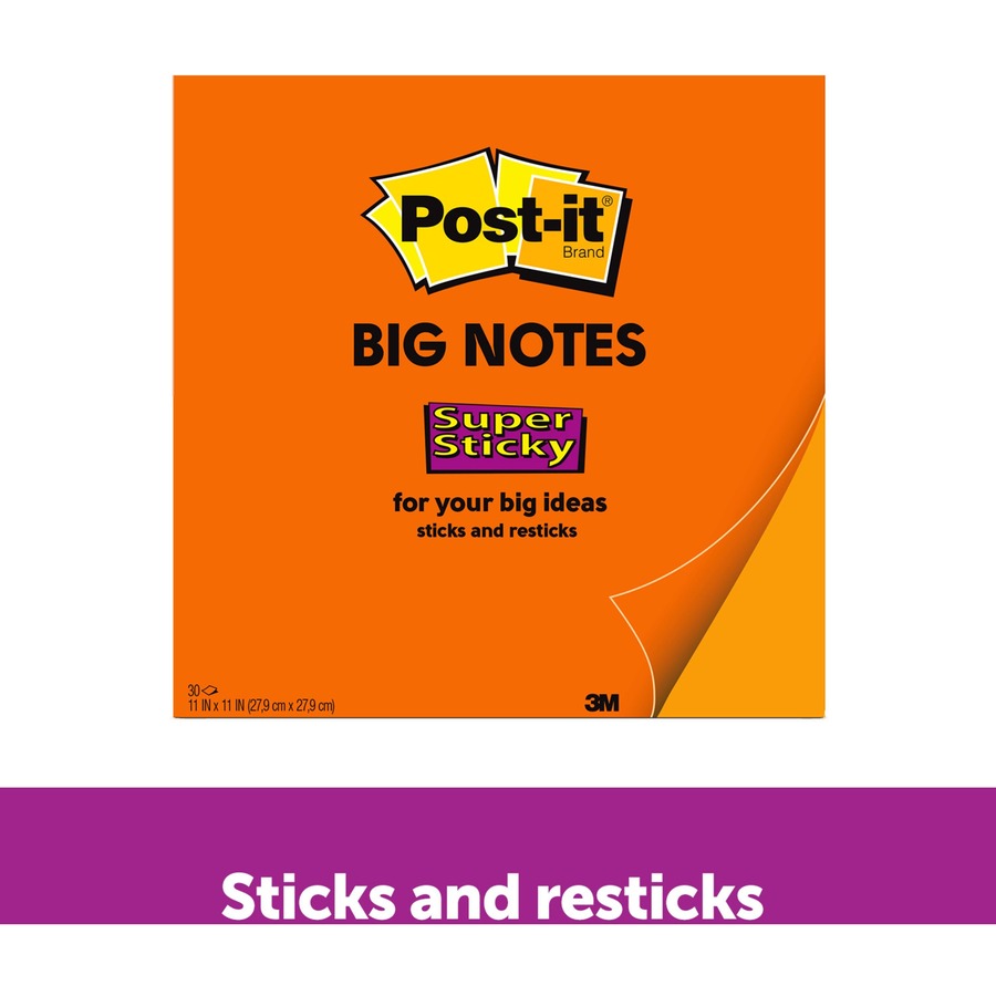 Post-it® Super Sticky Big Notes - 30 x Orange - 11" x 11" - Square - 30 Sheets per Pad - Orange - Sticky, Removable - 1 Each - Adhesive Note Pads - MMMBN11O